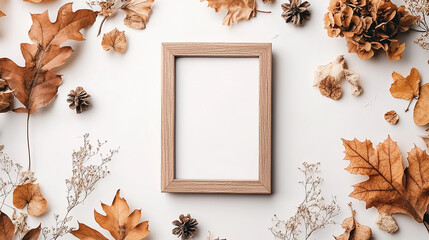 Fototapeta premium autumn composition photo frame with dried flowers and leaves
