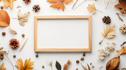 autumn composition photo frame with dried flowers and leaves on white background