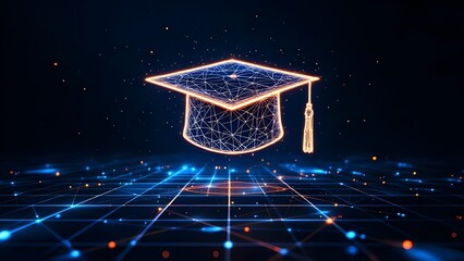 Digital Education Revolution: Futuristic Graduation Cap Hologram with Network Connections on Technology Grid Background