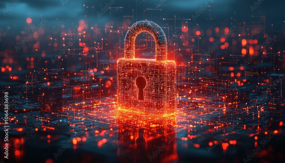 Poster A glowing digital padlock standing in a network of lines and nodes