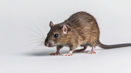 53.A close-up of an adult rat standing sideways on a plain white background. The rat&acirc;&euro;&trade;s fur is a mix of dark brown and black, with visible texture. Its head is lowered, and its long tail rests behind