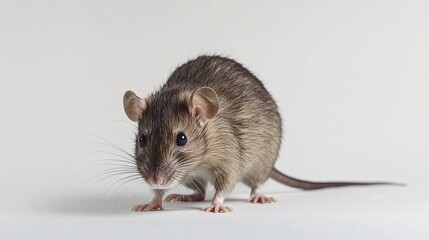 53.A close-up of an adult rat standing sideways on a plain white background. The ratâ€™s fur is a mix of dark brown and black, with visible texture. Its head is lowered, and its long tail rests behind