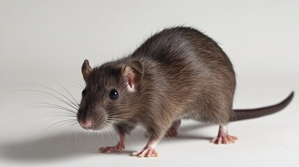 53.A close-up of an adult rat standing sideways on a plain white background. The rat&acirc;&euro;&trade;s fur is a mix of dark brown and black, with visible texture. Its head is lowered, and its long tail rests behind