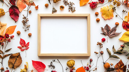 modern autumn composition on white background with photo frame and dried flowers and leaves