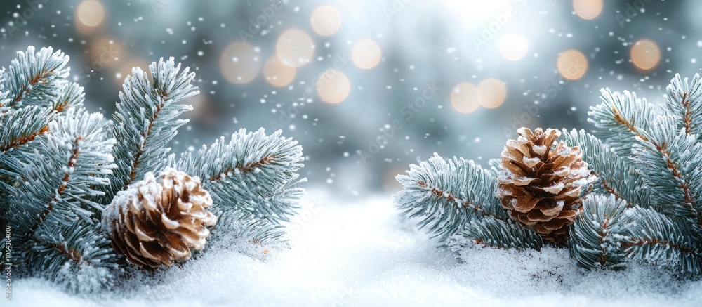 Poster Snowy Pine Branches with Pine Cones and a Blurred Background of Lights