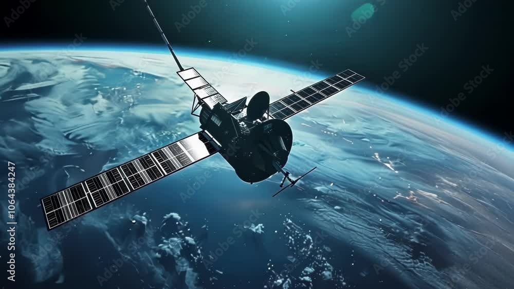 Poster telecommunication satellite orbits earth, providing global coverage and data transmission with solar