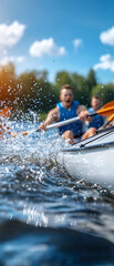 Rowing crew members paddle in perfect unison to victory