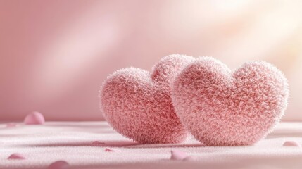 Obraz premium Pink sugar crystal hearts surrounded by flower petal confetti against a light background.