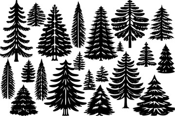 Fototapeta premium Christmas tree set hand drawn illustration. chritmas tree silhouettes. Christmas pine trees silhouette icon vector illustration. Big collection of tree silhouettes isolated on white background vector 