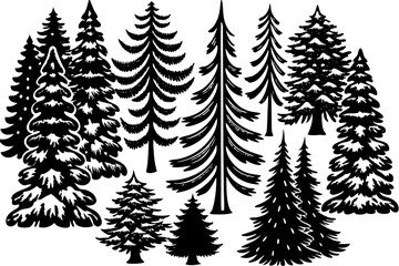 Obraz premium Christmas tree set hand drawn illustration. chritmas tree silhouettes. Christmas pine trees silhouette icon vector illustration. Big collection of tree silhouettes isolated on white background vector 