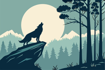 silhouette wolf howling cliff full moon set fantasy forest © Songita