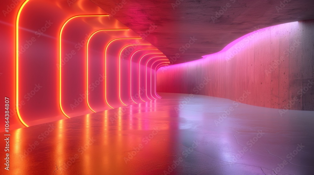 Poster a vibrant 3d render showcasing a big neon wave background in a curved corridor illuminated by chaoti