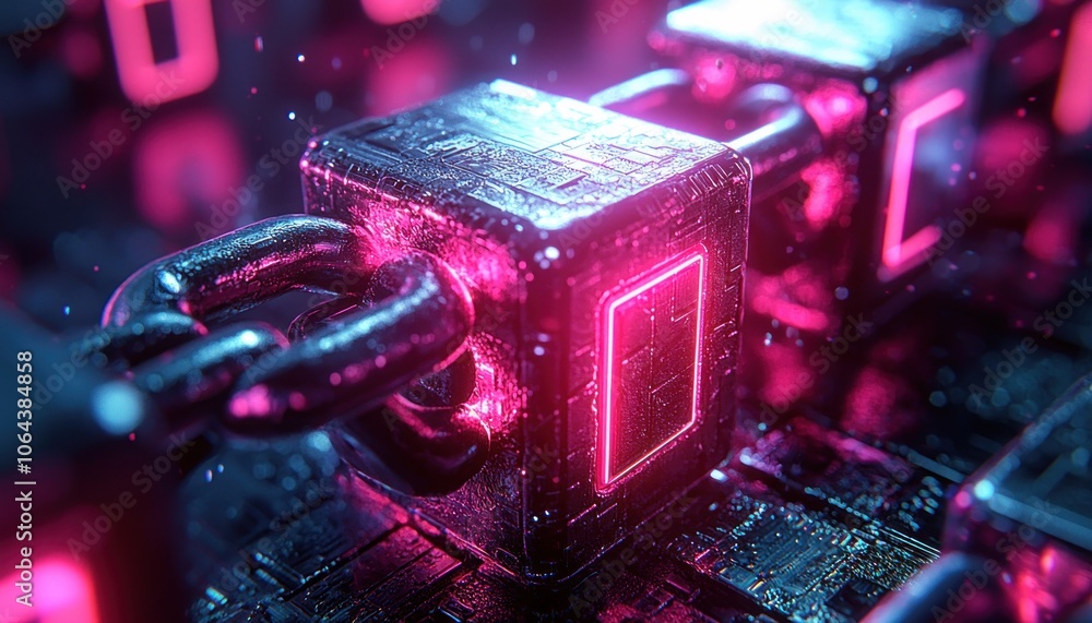 Poster metallic chain links with neon glow in a cyber-punk setting