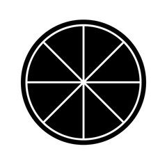 Black circle divided into 8 slices isolated on white background. Round shape cut in eight equal parts. Simple circular diagram, statistic wheel, business pie chart. Vector illustration.