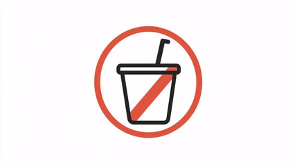 113.A flat vector icon of a disposable drink cup with a straw, positioned in the center of a red prohibition circle. The drink icon is simple and modern, with thin black lines for the cup outline and