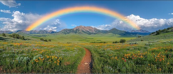A Dirt Path Through Wildflowers in a Mountain Valley with a Rainbow Arcing Over