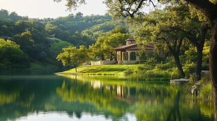 Tranquil Waterside: Homes Adorned by Trees, Hills, and the Serenity of Lakes . 