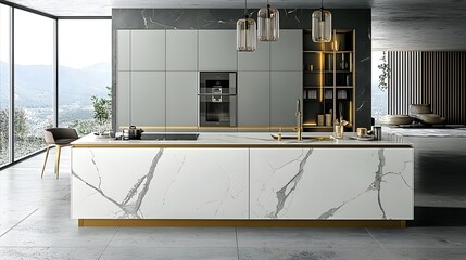 A stunning and meticulously designed modern kitchen featuring a sleek marble countertop minimalist cabinetry and an open airy layout that exudes luxury and sophistication