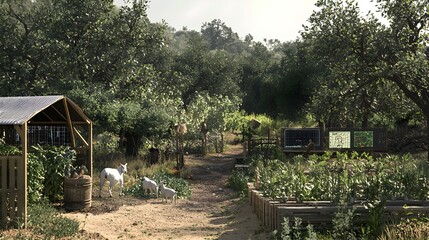 A tranquil and serene garden retreat surrounded by a lush verdant landscape with a quaint rustic shed and a meandering pathway winding through the flourishing flora