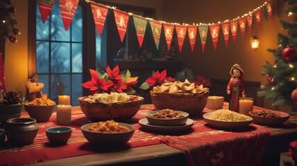 Posadas Christmas Feast: A warmly lit table laden with traditional Mexican Christmas Eve dinner, Posadas celebration. Festive decorations and candles create a cozy atmosphere. 