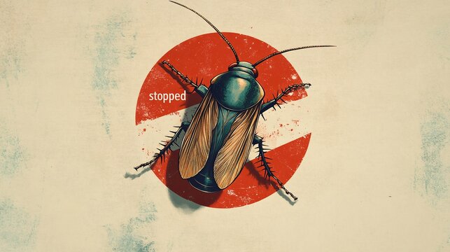 6.An illustration of a cockroach in vivid detail, placed inside a bold red circle with a diagonal strike-through. The design emphasizes pest control, showing the cockroach's body, legs, and antennae