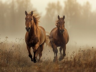 Fototapeta premium Two Brown Horses Running Through a Foggy Field - Stunning Nature Photography