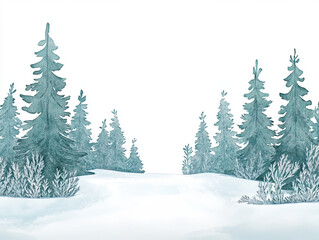 Fototapeta premium serene watercolor style scene featuring snow covered path surrounded by tall evergreen trees. tranquil atmosphere evokes sense of peace and winter beauty