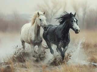 Fototapeta premium Two Horses Running Through Muddy Field - Stunning Nature Photography