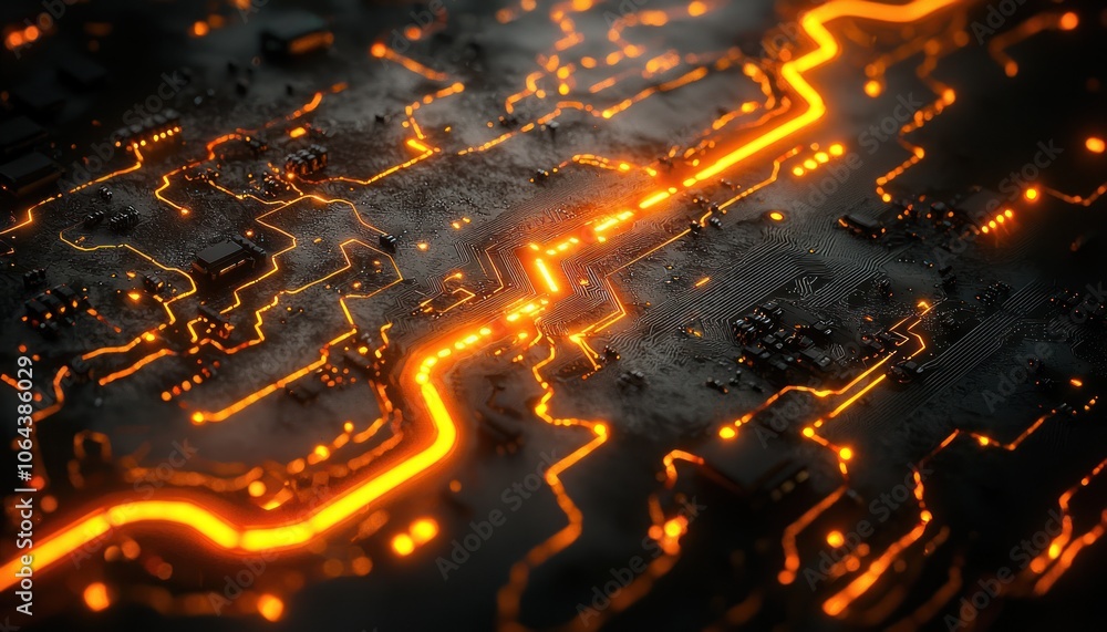 Poster glowing orange circuit board lines with dark background