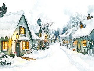 Fototapeta premium joyful watercolor style snowy street scene featuring charming cottages adorned with snow. warm glow from windows creates cozy atmosphere amidst winter landscape