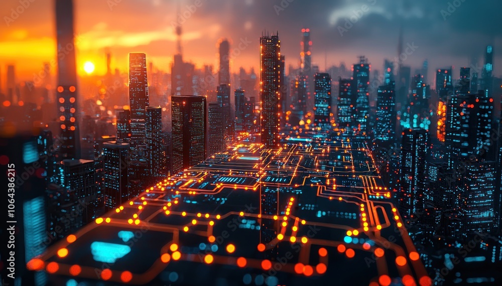 Poster futuristic cityscape with circuit board pattern at sunset