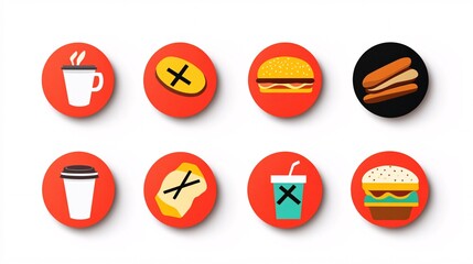 76.A series of brightly colored stickers designed to discourage bringing food and drinks into a library. The icons feature a red prohibition circle with images of a coffee cup, a sandwich, and snacks