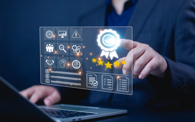 Checklist business performance monitoring concept, Businessman points finger at  icon the document...