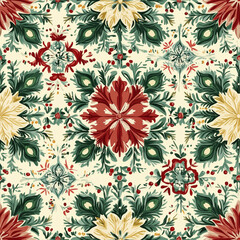Seamless Christmas tile with classic holiday elements: snowflakes, ornaments, candy canes, and holly leaves in red, green, and white, cozy vintage style