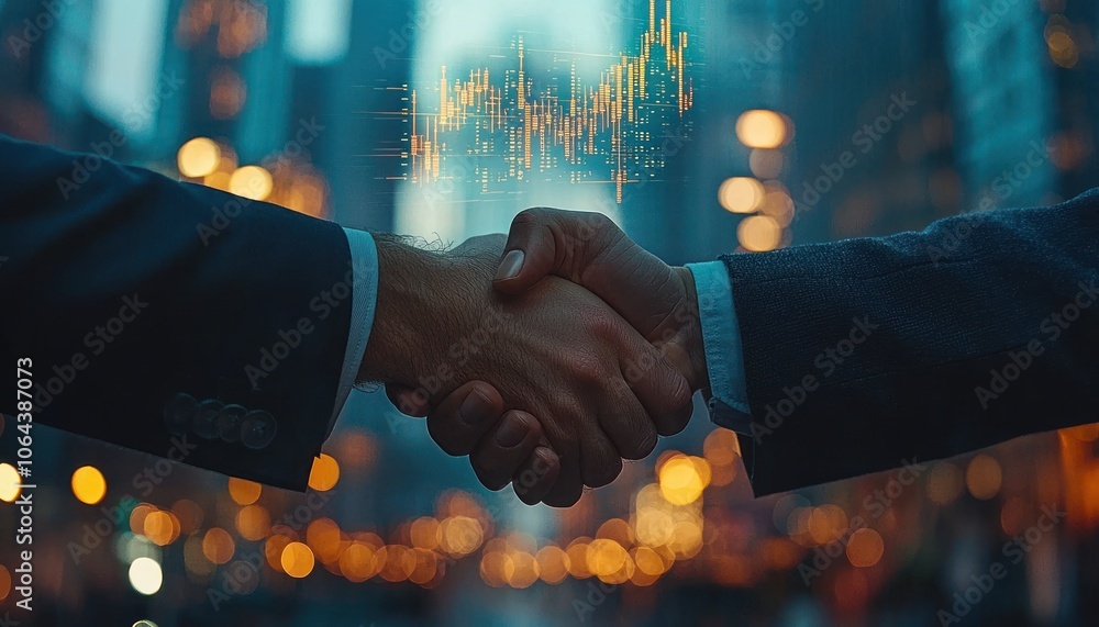 Poster Handshake with Data Visualization Over Blurred City Lights