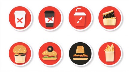 80.A vector set of prohibition stickers showing a variety of food and drink icons inside red circles. The symbols include coffee cups, sandwiches, water bottles, and chips, each crossed out with a