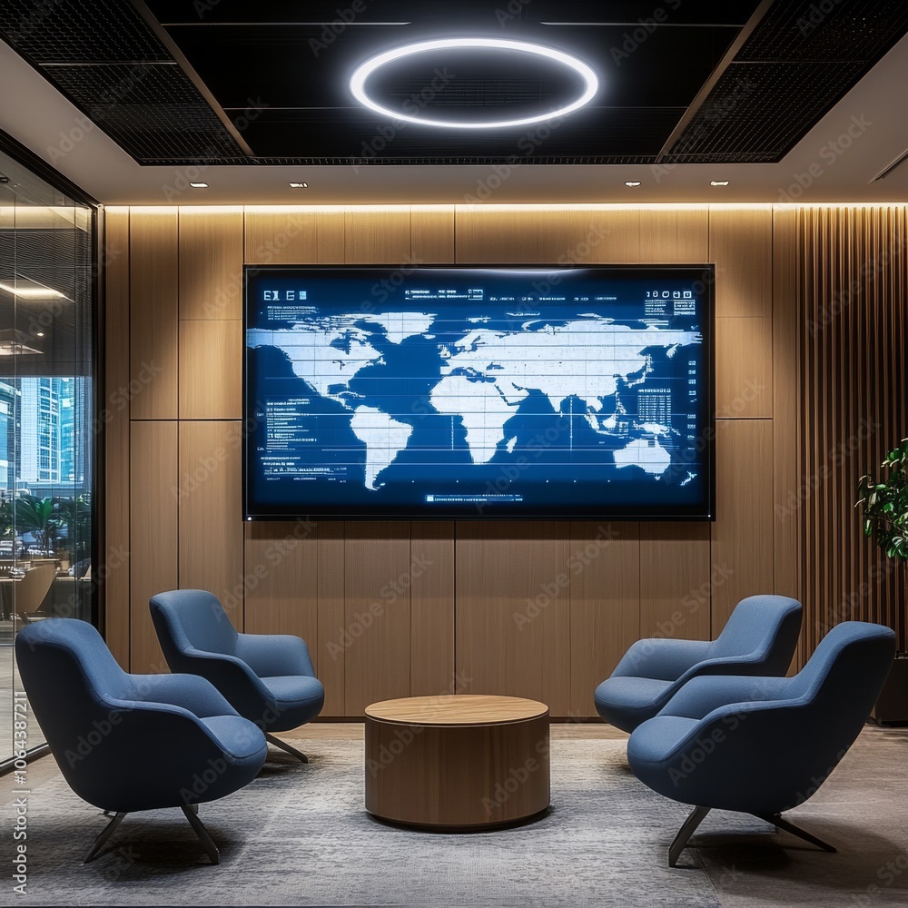Poster a modern office with a digital display showing a virtual globe and financial charts. this represents