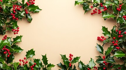 Green Holly Leaves and Red Berries Bordering a Beige Background