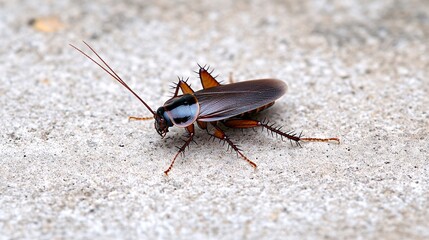 20.A close-up view of an American cockroach walking along the edge of a wall inside a house. Its dark brown body and long antennae are visible, with its shiny exoskeleton reflecting light. The image