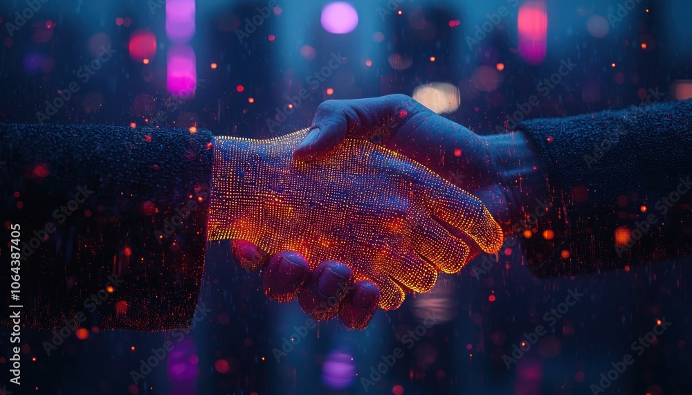 Aufkleber two hands shaking in a digital network, illuminated by red and yellow lights
