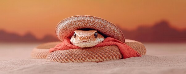 Fototapeta premium Rattlesnake wearing a sombrero and tiny poncho around its coiled body, whimsical desert setting, rattlesnake sombrero poncho, 3D illustration