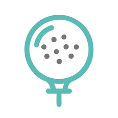 Minimal Golf Ball on Tee Icon in Teal, Stylized teal and gray icon of a golf ball with dimples on a tee, symbolizing golf, sports, and recreational activities.
