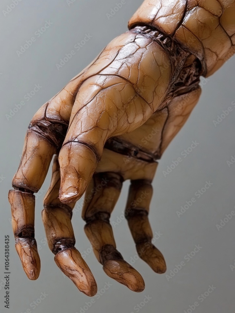 Poster a detailed view of a prosthetic hand made from skin-like material, highlighting the delicate texture