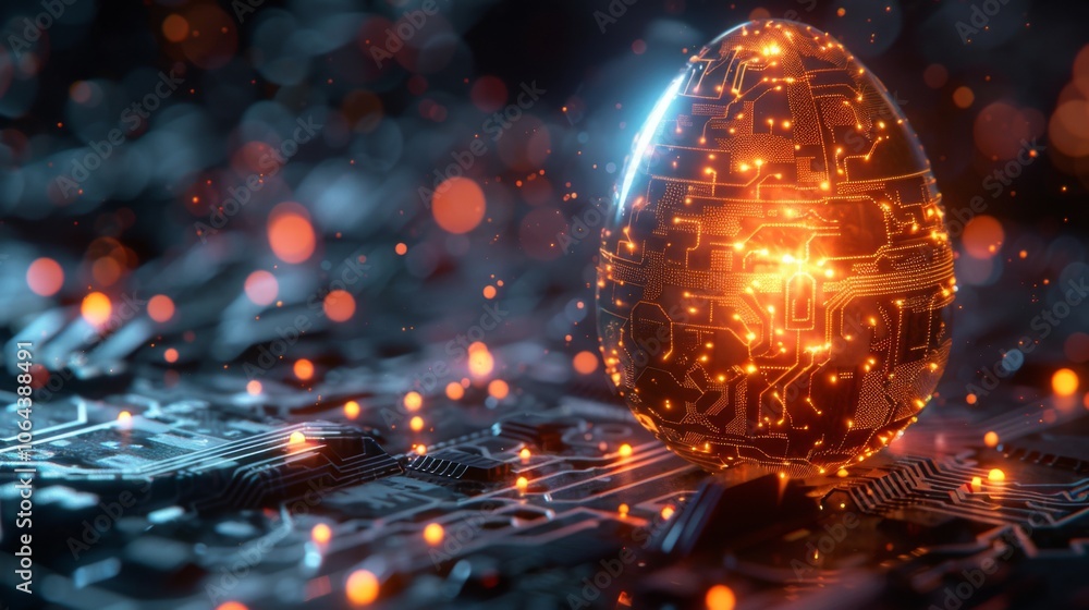 Poster abstract 3d egg with circuit board texture for a greeting card.