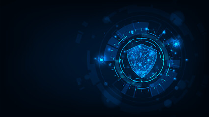 Futuristic abstract technology security concept shield on dark blue background