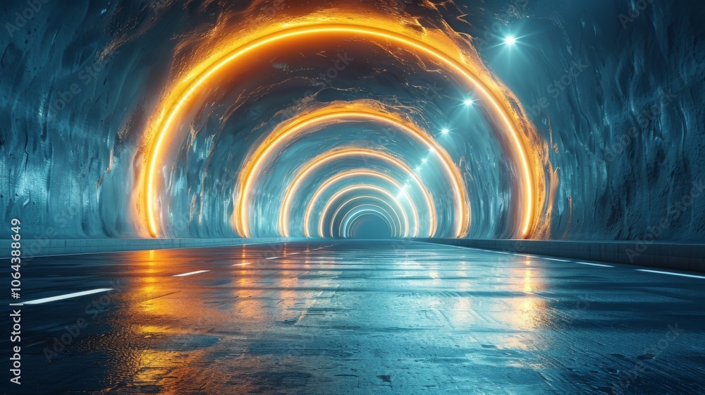 Poster a 3d architectural tunnel on a highway with an empty asphalt road visualized.