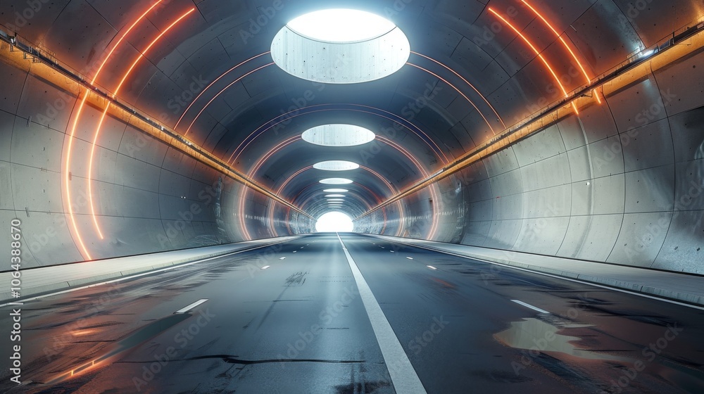 Poster view of a 3d architectural tunnel on a highway with an empty asphalt road.