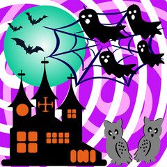 Spooky Haunted Church with Ghosts, Bats, and Owls Halloween Night Scene