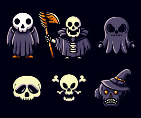 Skull element set. Halloween illustration. Horror and spooky element. Isolated on black background. Fit for banner, poster, symbol, background, apparel, cover. Vector Eps 10.
