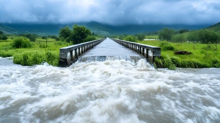 Fototapeta premium A bridge being threatened by a swollen river as continuous rain causes the water to rise